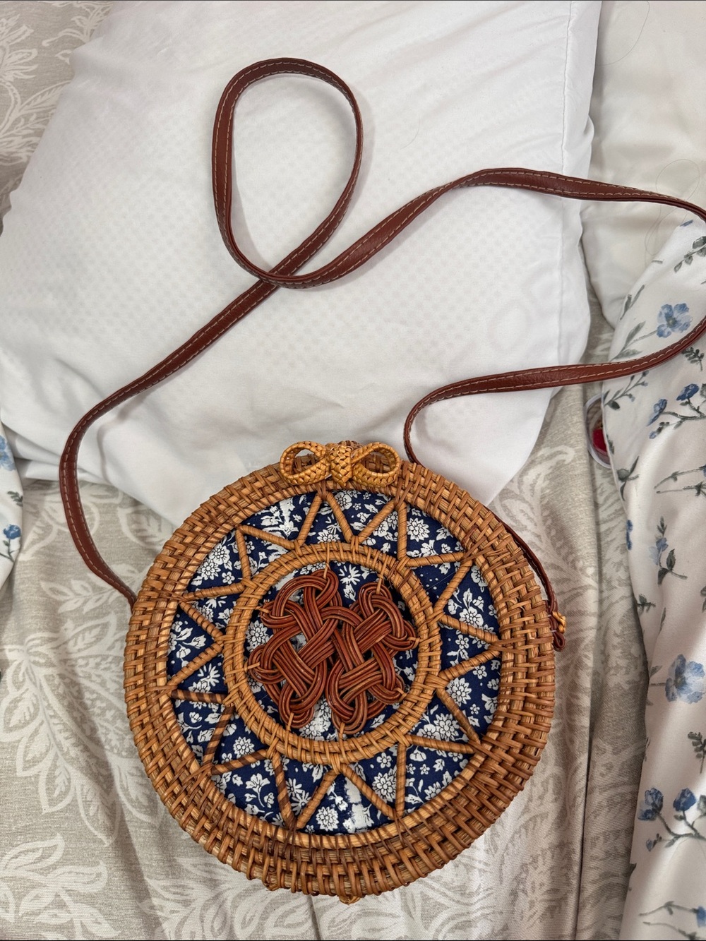 Round Woven Rattan Crossbody Bag with Navy Floral Inset